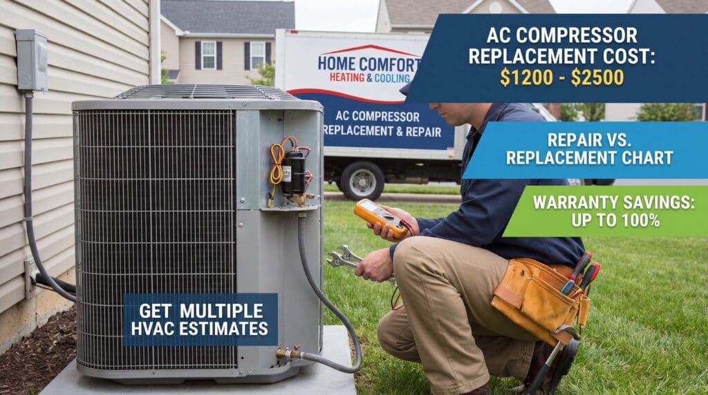 An HVAC technician working on an outdoor condenser unit for a guide about AC compressor replacement cost, repair vs replacement, warranty savings, and HVAC contractor estimates. HVAC technician replacing an air conditioner compressor in an outdoor condenser unit