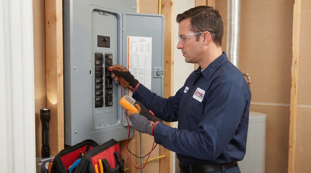 An HVAC technician inspecting an electrical panel and outdoor AC condenser for a guide about why an AC compressor trips the breaker, safe homeowner checks, repair causes, and when to call HVAC help. HVAC technician checking an electrical panel after an AC compressor trips the breaker
