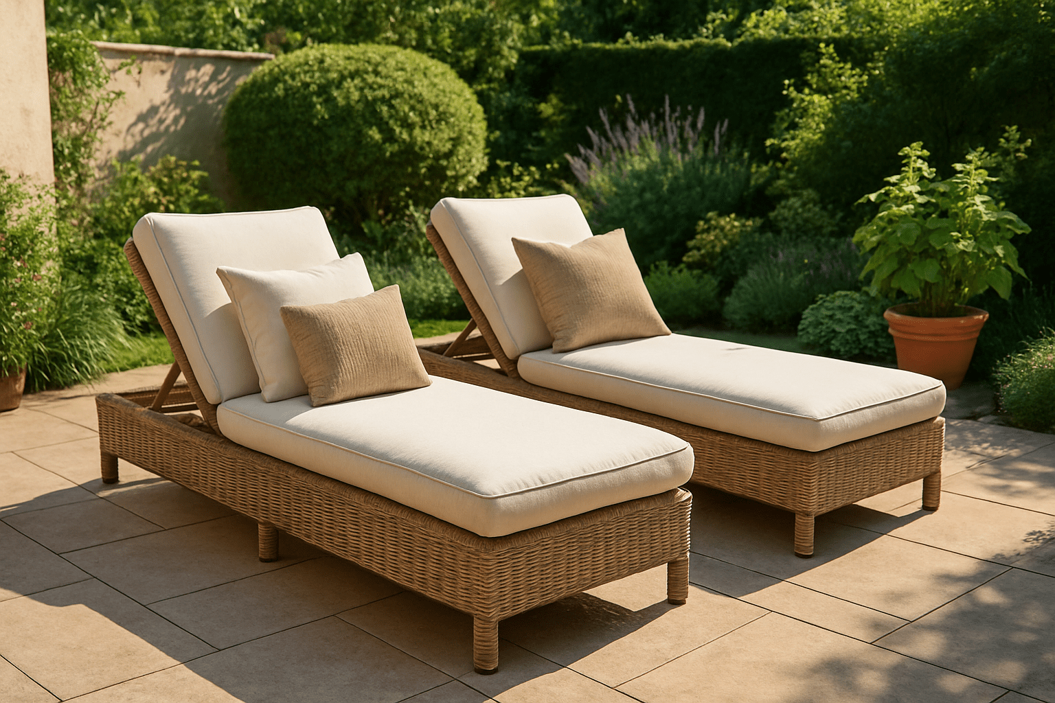 Comfortable outdoor chaise lounge chairs on sunny patio with cushions and pillows, perfect for garden and backyard relaxation Comfortable outdoor chaise lounge chairs on sunny patio with cushions and pillows, perfect for garden and backyard relaxation