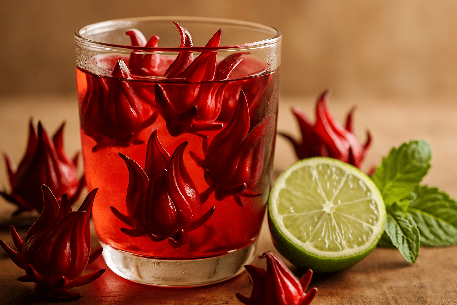 Hibiscus Tea Benefits – Roselle (Hibiscus sabdariffa) Glass of red hibiscus tea made from Hibiscus sabdariffa roselle calyces with lime and mint