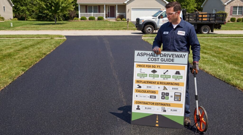Fresh black asphalt driveway in front of a suburban home