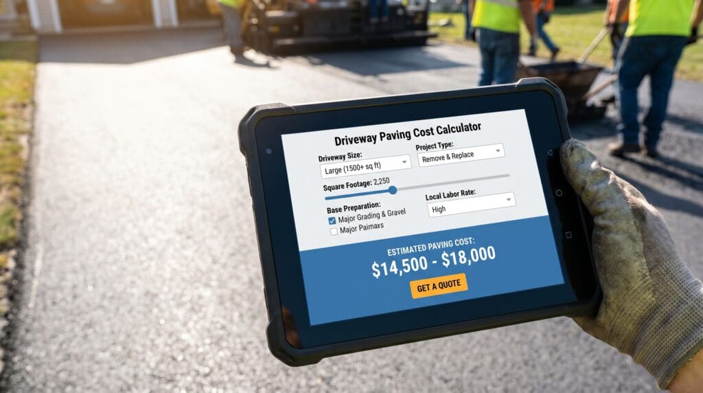 A calculator-style asphalt driveway estimate page showing how driveway size, project type, square footage, base preparation, and local labor affect driveway paving cost. Asphalt driveway cost calculator estimating paving price by square footage