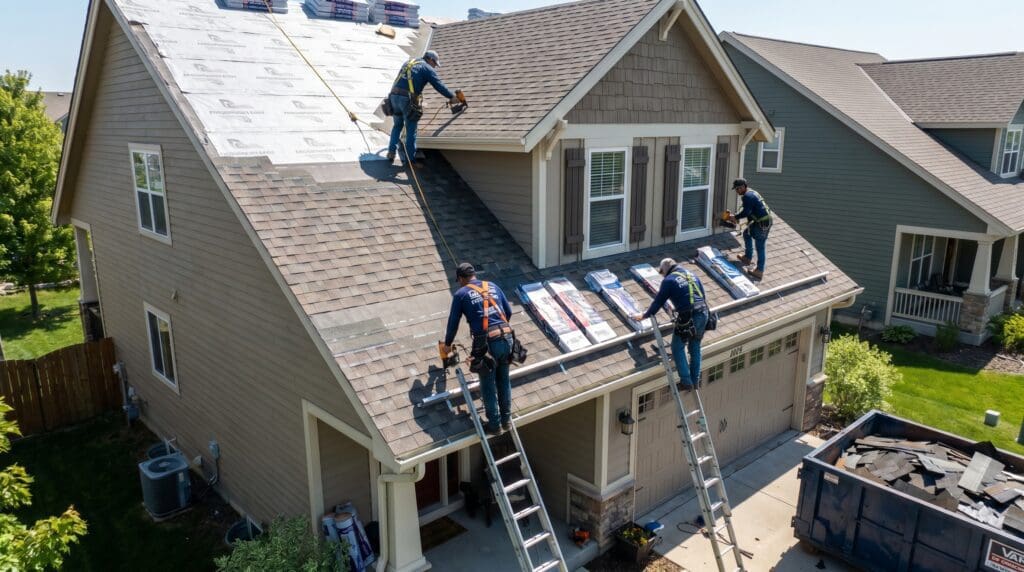 Professional roofing contractors installing new architectural asphalt shingles on a residential home as part of a complete roof replacement project. Roofing contractors installing architectural asphalt shingles during a roof replacement