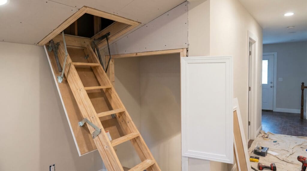 A home improvement project showing attic door installation with a framed ceiling opening, attic access panel, trim, and pull-down attic ladder hardware. A contractor installing a ceiling attic access door with a framed opening and pull-down attic ladder