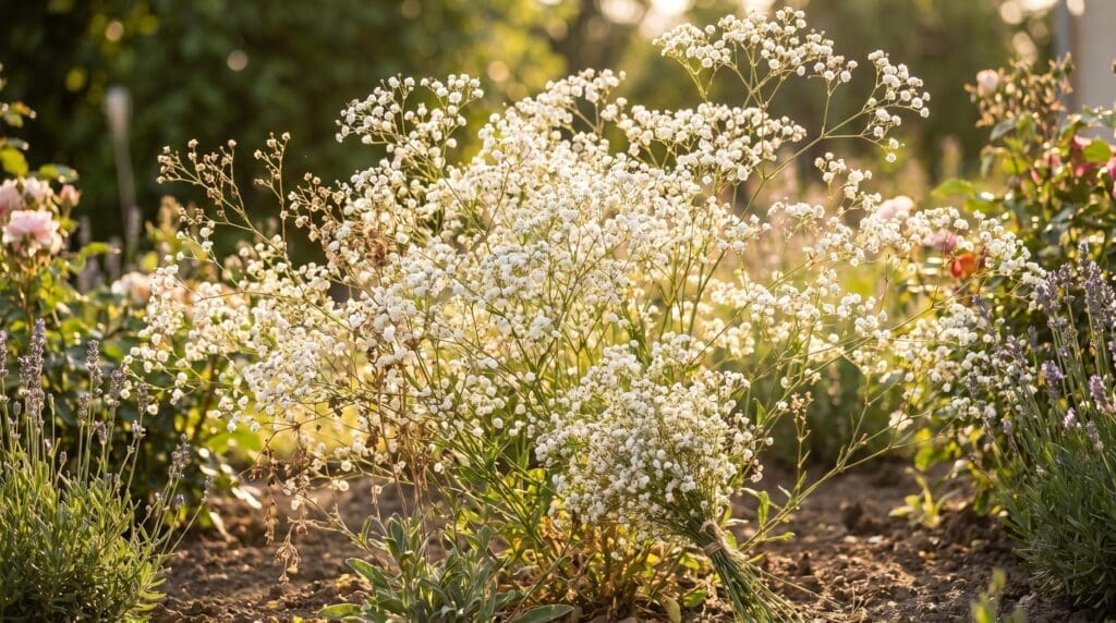 White baby’s breath flowers growing in a sunny garden with delicate Gypsophila blooms White baby’s breath flowers growing in a sunny garden with delicate Gypsophila blooms