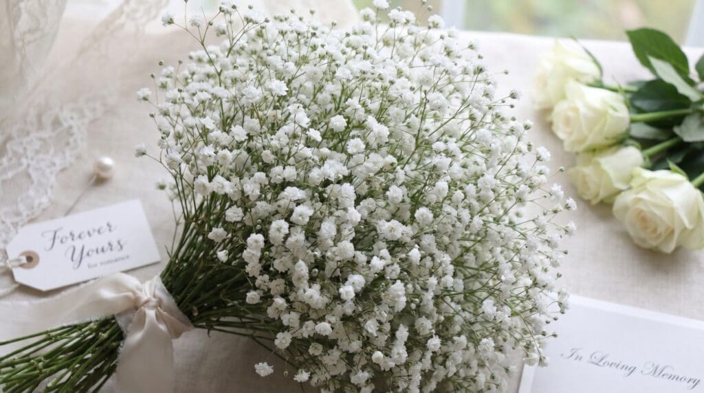 White baby’s breath flowers in a romantic bouquet symbolizing everlasting love and innocence