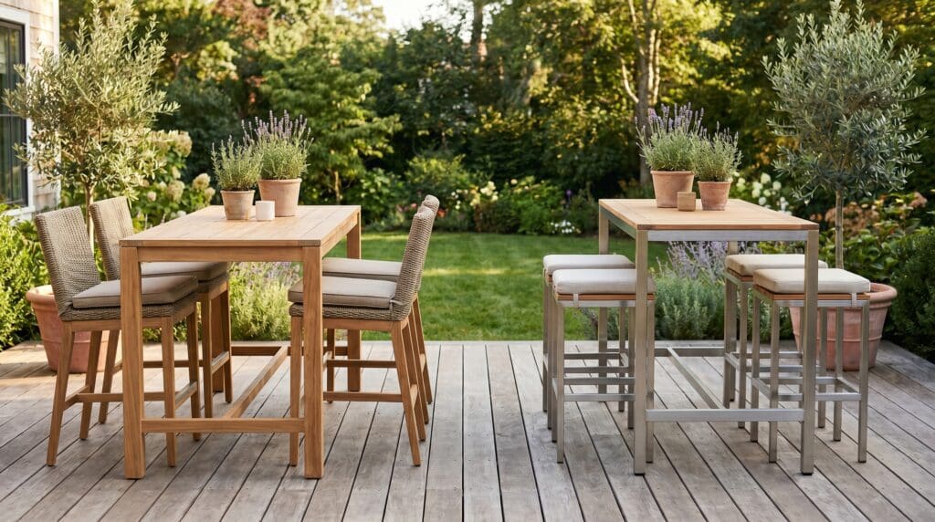 Bar height and counter height patio furniture sets compared side by side on an outdoor deck Bar height and counter height patio furniture sets compared side by side on an outdoor deck