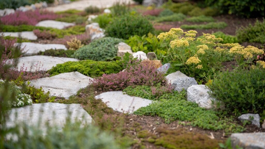Mixed ground cover plants growing between stepping stones with flowering thyme sedum and low green foliage Mixed ground cover plants growing between stepping stones with flowering thyme sedum and low green foliage