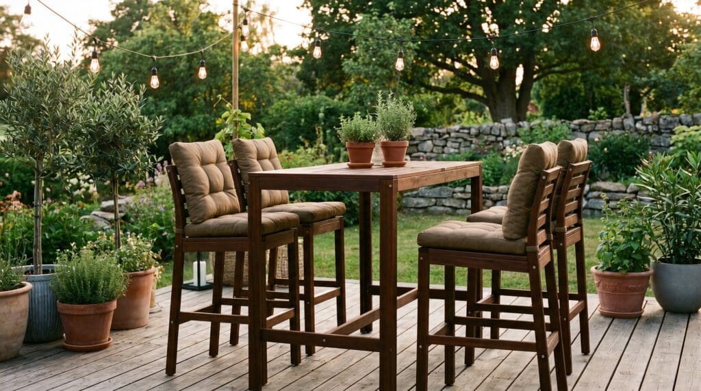 High top patio furniture set with bar-height outdoor table and tall chairs on a backyard deck High top patio furniture set with bar-height outdoor table and tall chairs on a backyard deck