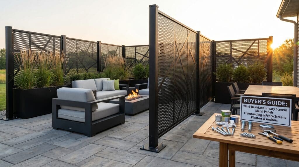 Heavy-duty black metal outdoor privacy screen anchored on a windy patio with plants and seating Heavy-duty black metal outdoor privacy screen anchored on a windy patio with plants and seating
