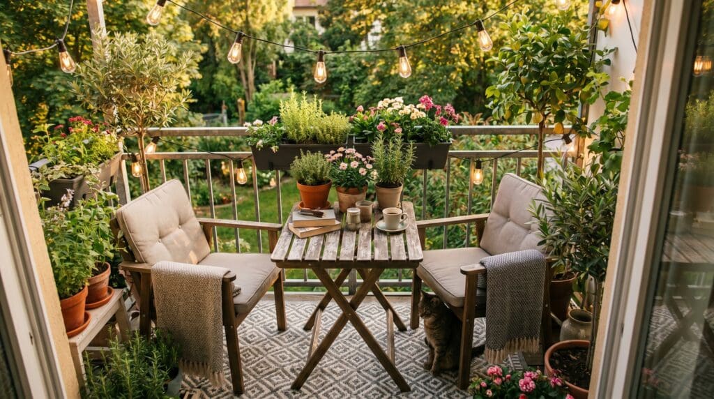Compact patio furniture with a small bistro table and chairs on a cozy balcony garden Compact patio furniture with a small bistro table and chairs on a cozy balcony garden