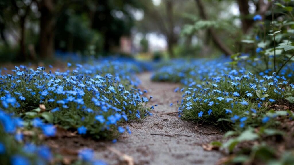 Blue flower ground cover blooming along a garden path with low green foliage Blue flower ground cover blooming along a garden path with low green foliage