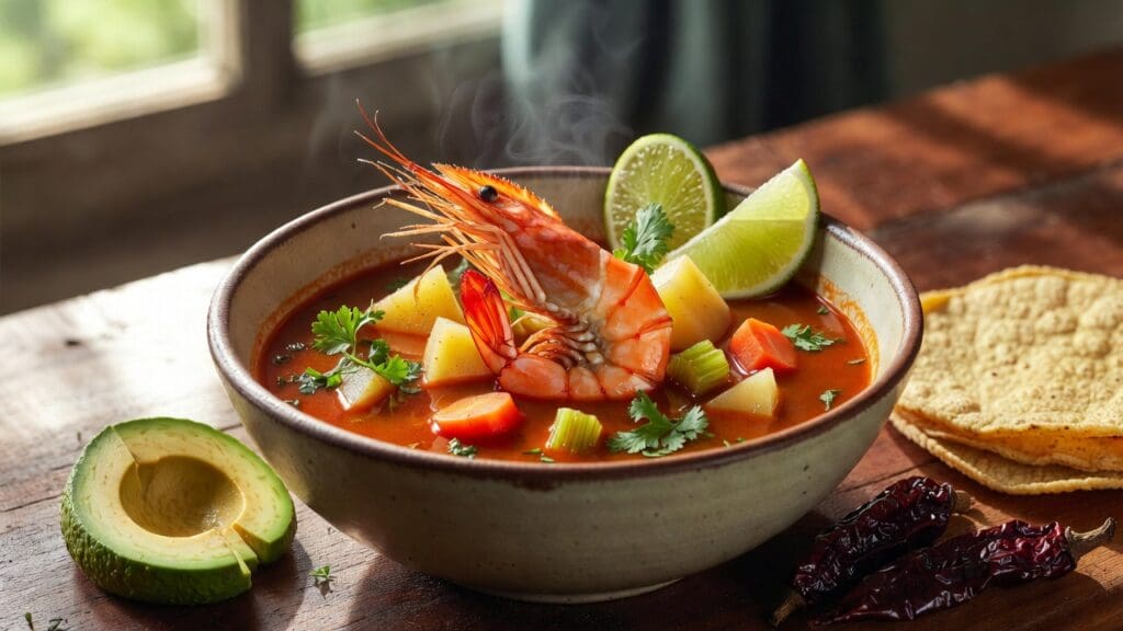 Bowl of caldo de camarón Mexican shrimp soup with shrimp potatoes carrots lime cilantro and red chile broth Gardenfrontier Bowl of caldo de camarón Mexican shrimp soup with shrimp potatoes carrots lime cilantro and red chile broth