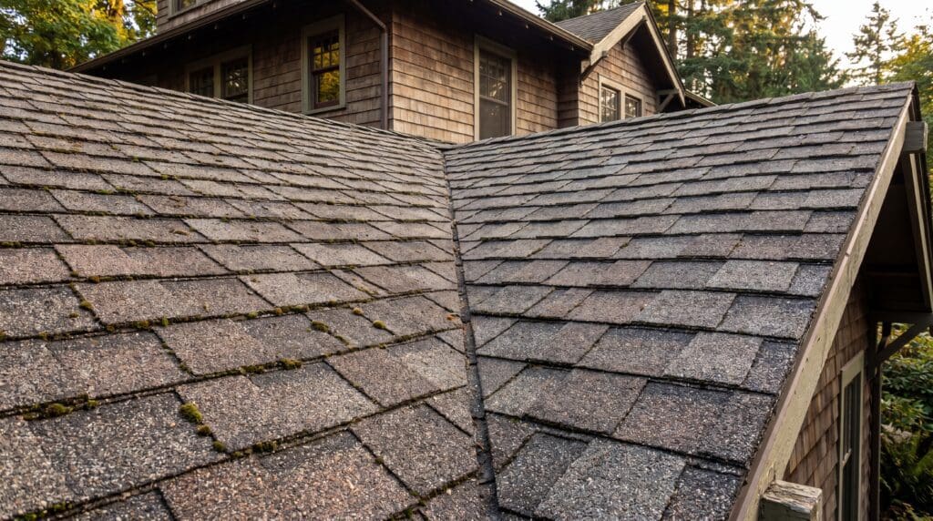A detailed view of a closed valley roof on an asphalt shingle home, showing shingles running through the roof valley and a clean closed-cut line where two roof planes meet. A close-up of a closed valley roof installation with asphalt shingles cut neatly along the roof valley