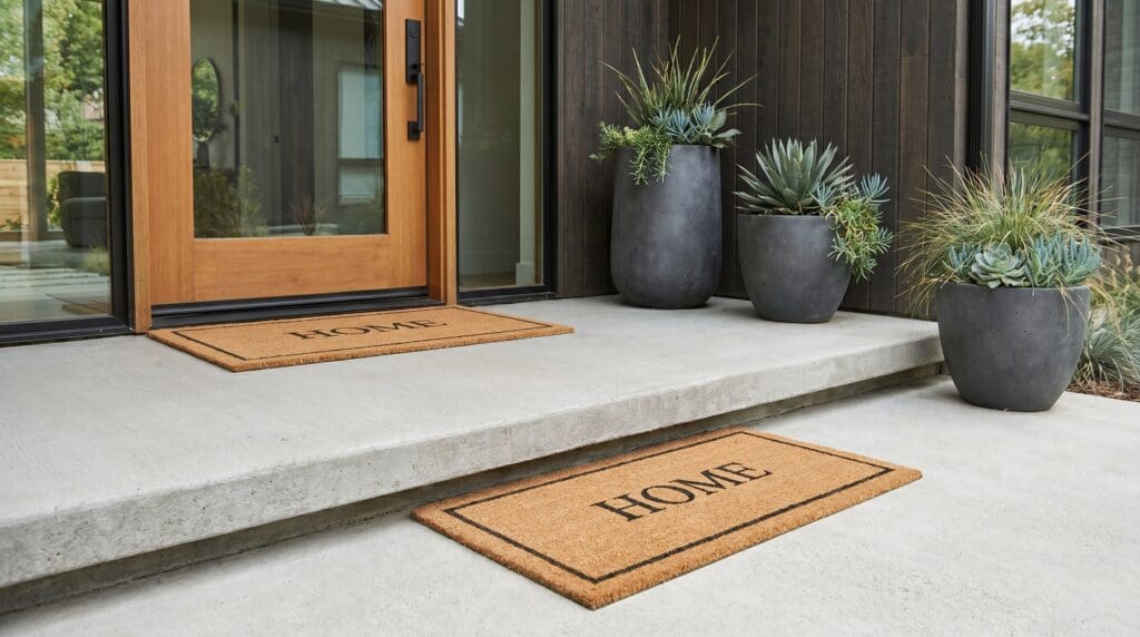 A thick natural coir doormat with rubber backing placed outside a modern front door entrance with warm lighting. A thick natural coir doormat with rubber backing placed outside a modern front door entrance with warm lighting.
