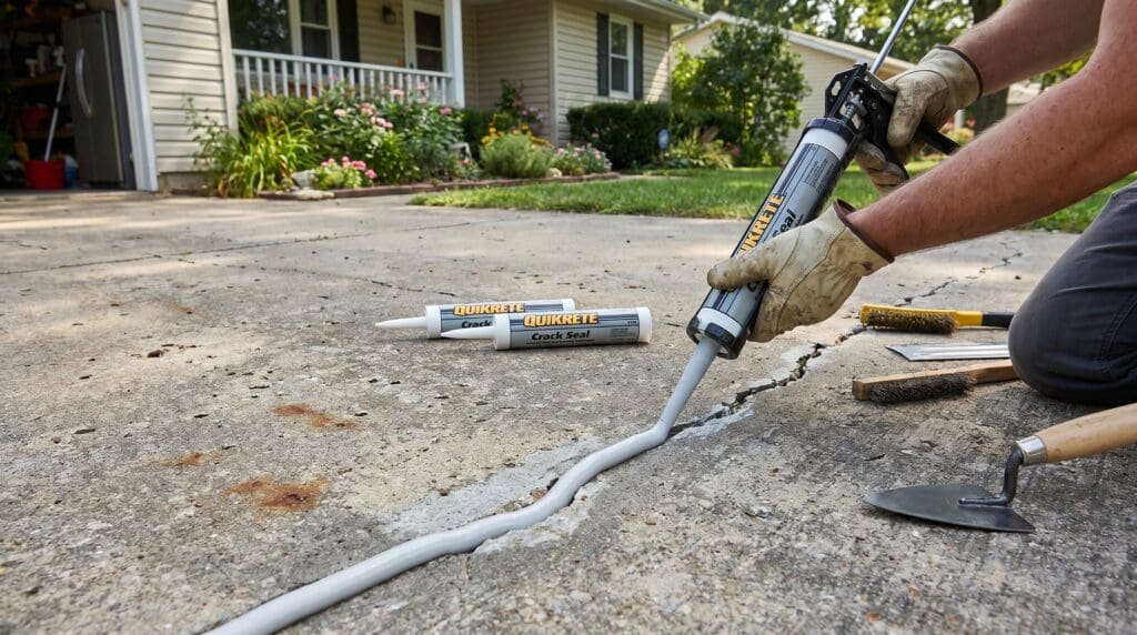 A homeowner repairing a concrete driveway crack with self-leveling concrete crack filler and a caulking gun
