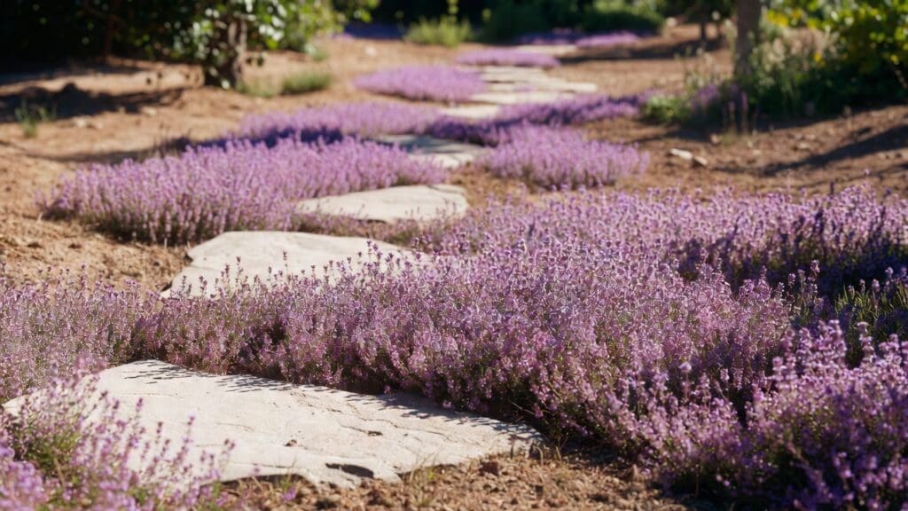 Creeping thyme ground cover blooming with purple flowers between stepping stones in a sunny garden path Creeping thyme ground cover blooming with purple flowers between stepping stones in a sunny garden path