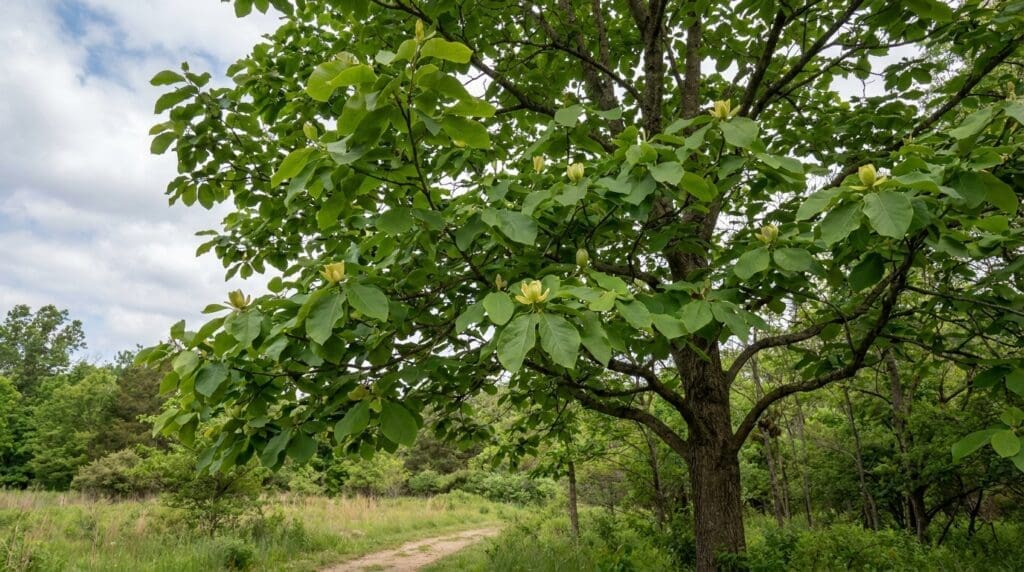 Cucumber magnolia tree with large green leaves and subtle yellow-green spring flowers
Cucumber magnolia tree with large green leaves and subtle yellow-green spring flowers