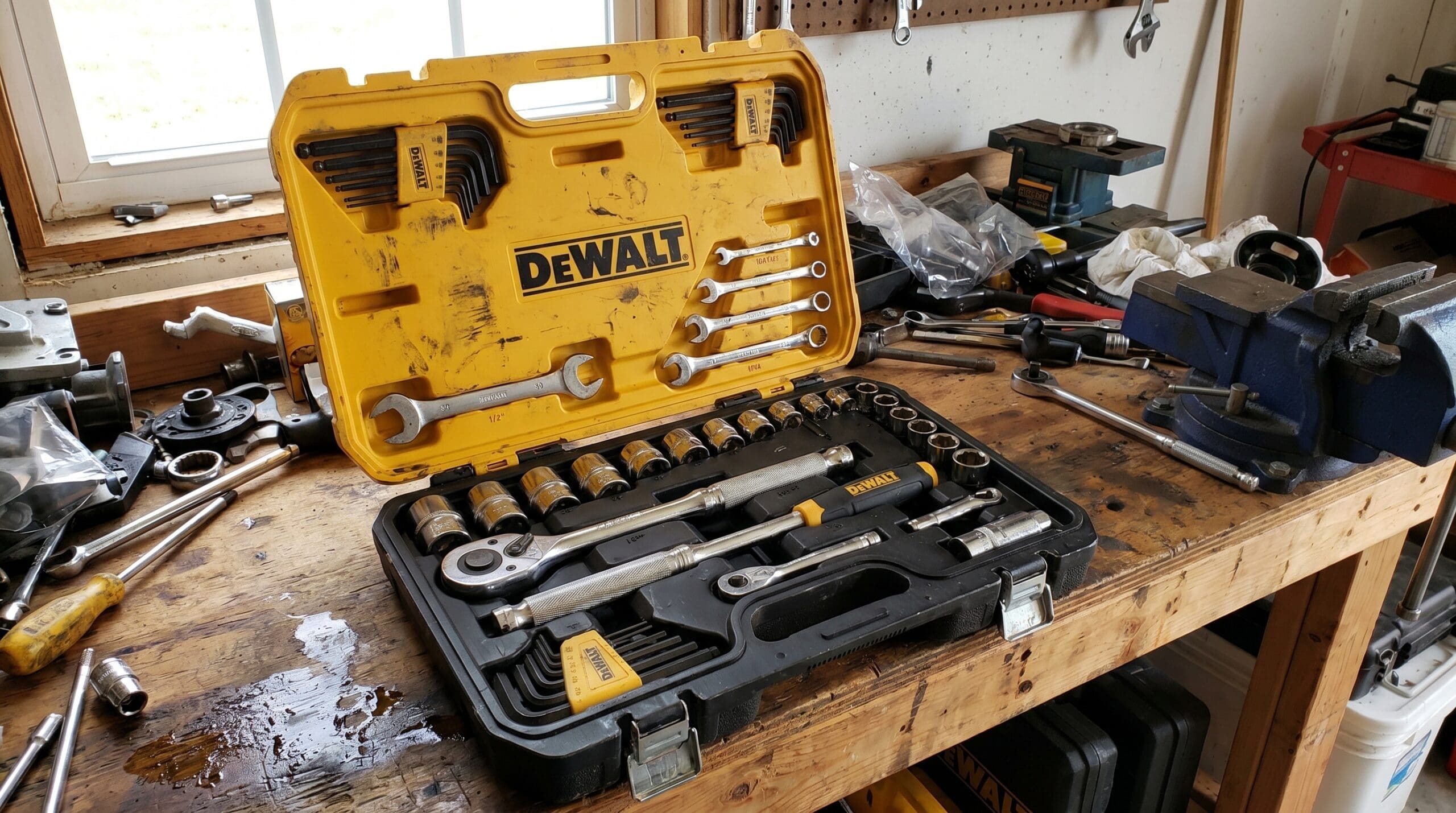 DeWalt Mechanics Tool Set for Garage DIY DeWalt mechanics tool set with ratchets sockets and case on a garage workbench