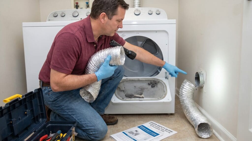 Homeowner checking a dryer vent hose and lint buildup behind a clothes dryer in a laundry room Homeowner checking a dryer vent hose and lint buildup behind a clothes dryer in a laundry room