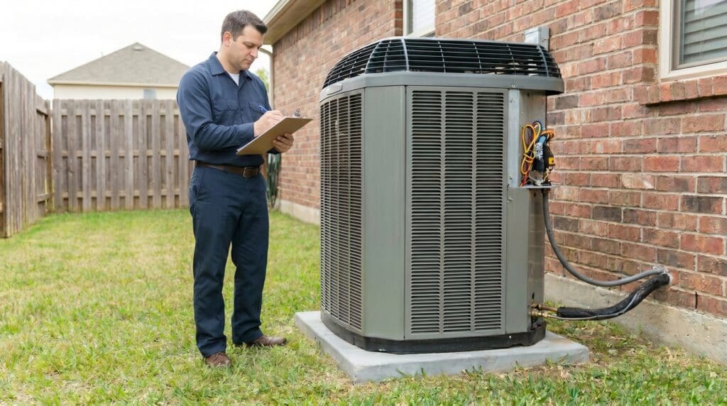 An HVAC technician inspecting an outdoor central air conditioner condenser and compressor system for a guide about AC compressor problems, safe homeowner checks, repair costs, and when to call a professional. HVAC technician inspecting an outdoor air conditioner compressor unit