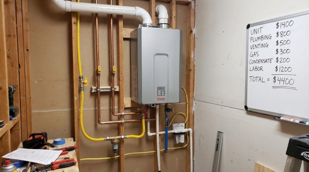 A wall-mounted gas tankless water heater installed in a home utility room, showing plumbing, venting, gas line, and condensate connections that affect total installation cost. A gas tankless water heater installed on a utility room wall with venting and gas line connections