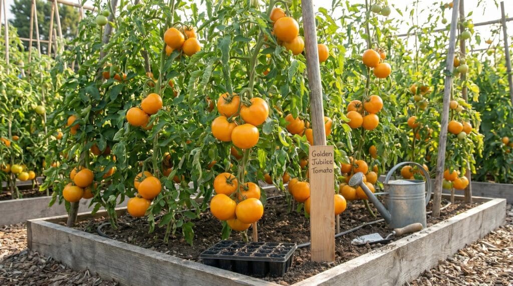 Golden Jubilee tomatoes growing on indeterminate vines with ripe golden-orange fruit ready for harvest Golden Jubilee tomatoes growing on indeterminate vines with ripe golden-orange fruit ready for harvest