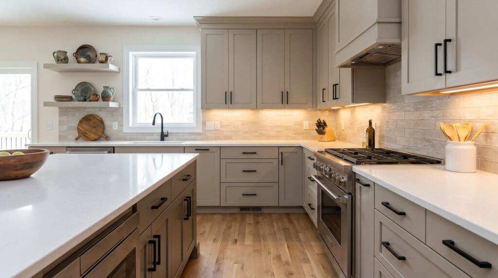 Modern kitchen with warm greige cabinets white quartz countertops black hardware and soft neutral lighting Modern kitchen with warm greige cabinets white quartz countertops black hardware and soft neutral lighting