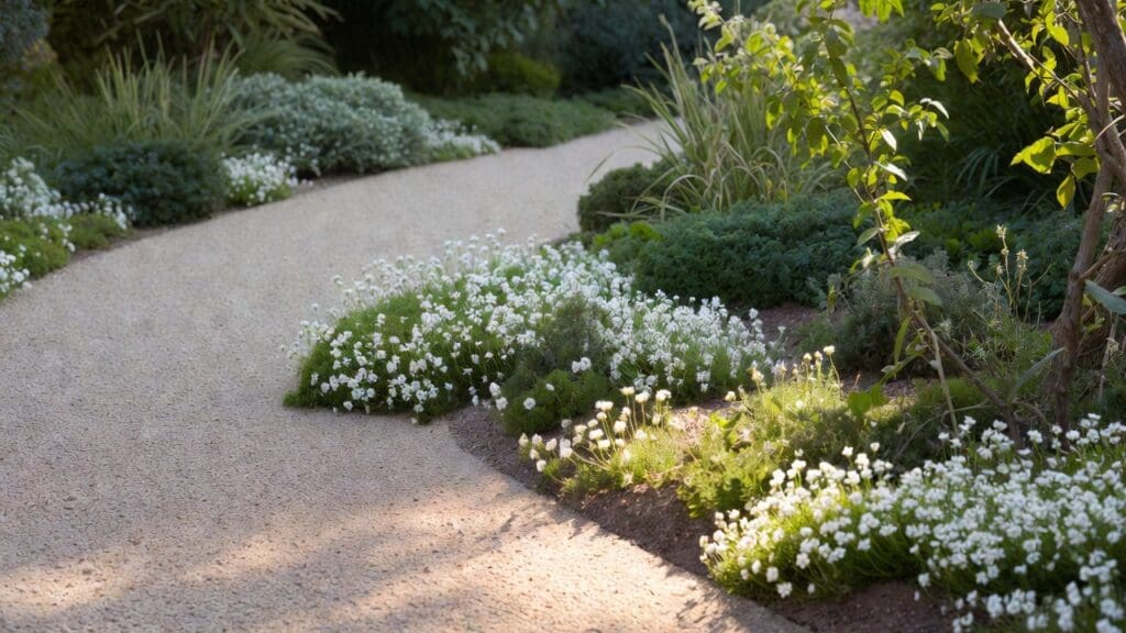 White flowering ground cover plants blooming along a garden path in a low-maintenance yard White flowering ground cover plants blooming along a garden path in a low-maintenance yard