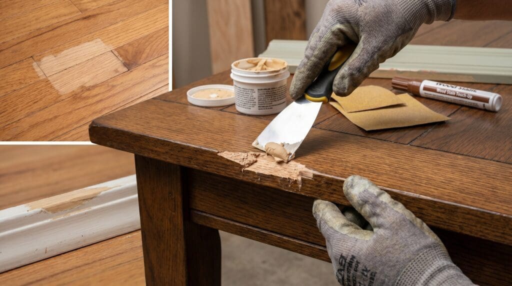 A close-up of a DIY wood chip repair for a guide explaining how to fix chipped wood furniture, hardwood floors, veneer, painted trim, outdoor wood, and decks. Repairing a chip in wood furniture with filler and stain marker