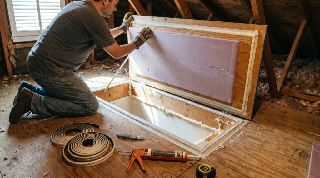 A homeowner adding foam board insulation and weatherstripping to a ceiling attic access door