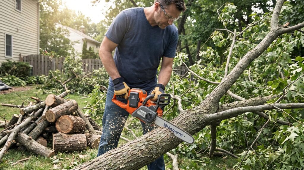 A Husqvarna cordless battery-powered chainsaw being used for backyard tree cleanup, showing a homeowner cutting a fallen branch with a compact electric chainsaw. A Husqvarna battery chainsaw cutting a fallen tree branch in a backyard