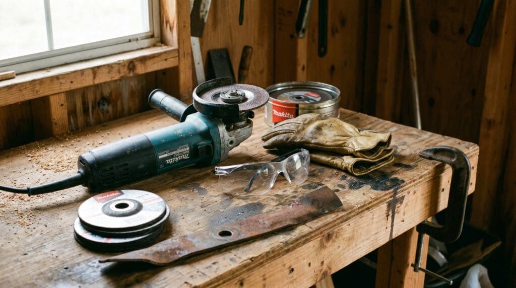 Makita angle grinder on a workbench in a home shed with safety glasses gloves and cutting wheels Makita angle grinder on a workbench in a home shed with safety glasses gloves and cutting wheels