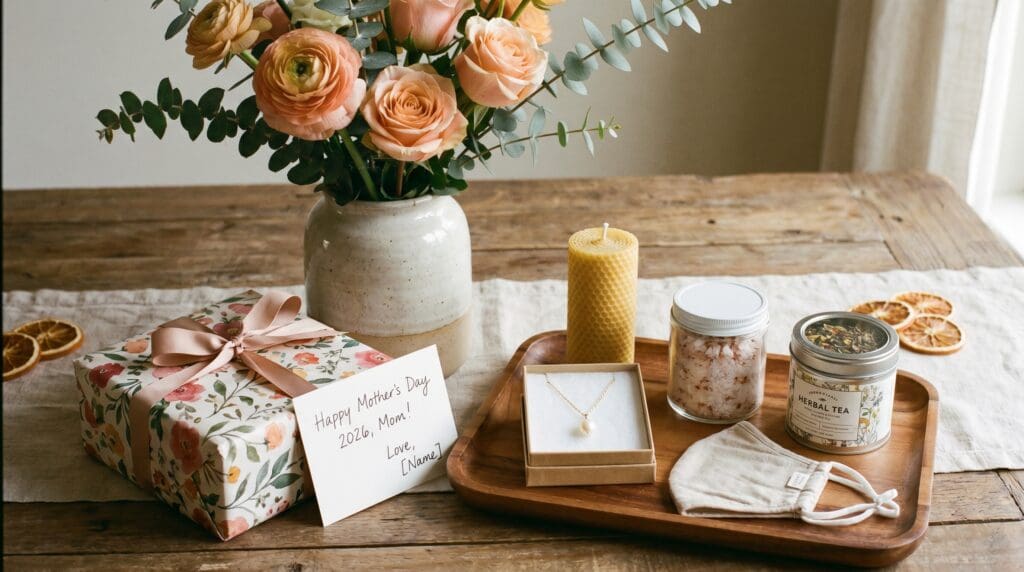 A warm Mother’s Day gift arrangement with flowers, a wrapped present, a greeting card, candle, jewelry, and self-care items for last-minute Mother’s Day 2026 gift inspiration. Mother’s Day 2026 gift box with flowers, card, candle, and jewelry on a table