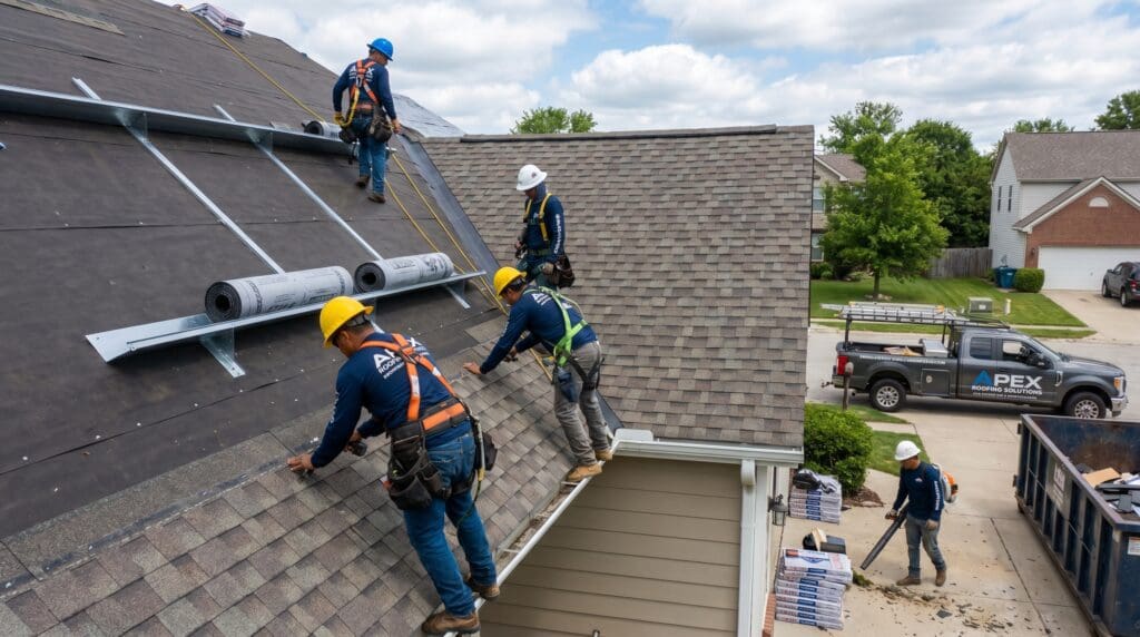 Professional roofing contractors installing a new residential roof system with underlayment, shingles, flashing, ventilation, and cleanup as part of a complete roof replacement project. Professional roof installers placing new shingles during a residential roof installation