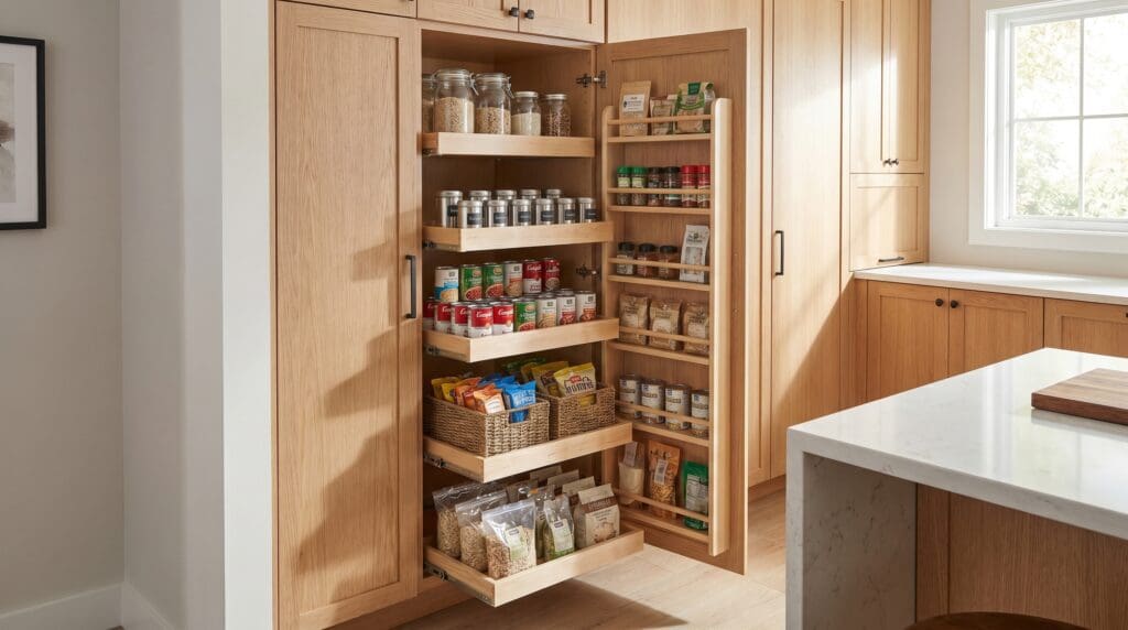 A modern kitchen with a tall pull out pantry cabinet opened to show sliding shelves, pantry racks, jars, cans, spices, snacks, and dry goods organized in a narrow cabinet. A tall pull out pantry cabinet with sliding shelves filled with jars, cans, spices, and dry goods