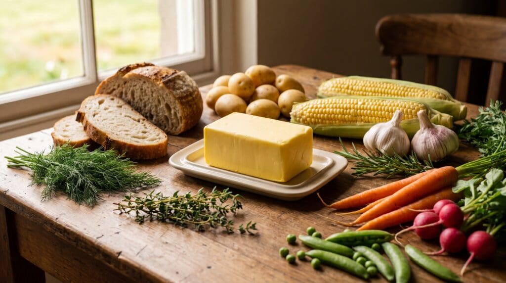 Pure Irish butter on sourdough bread with garden herbs, potatoes, and fresh vegetables on a kitchen table