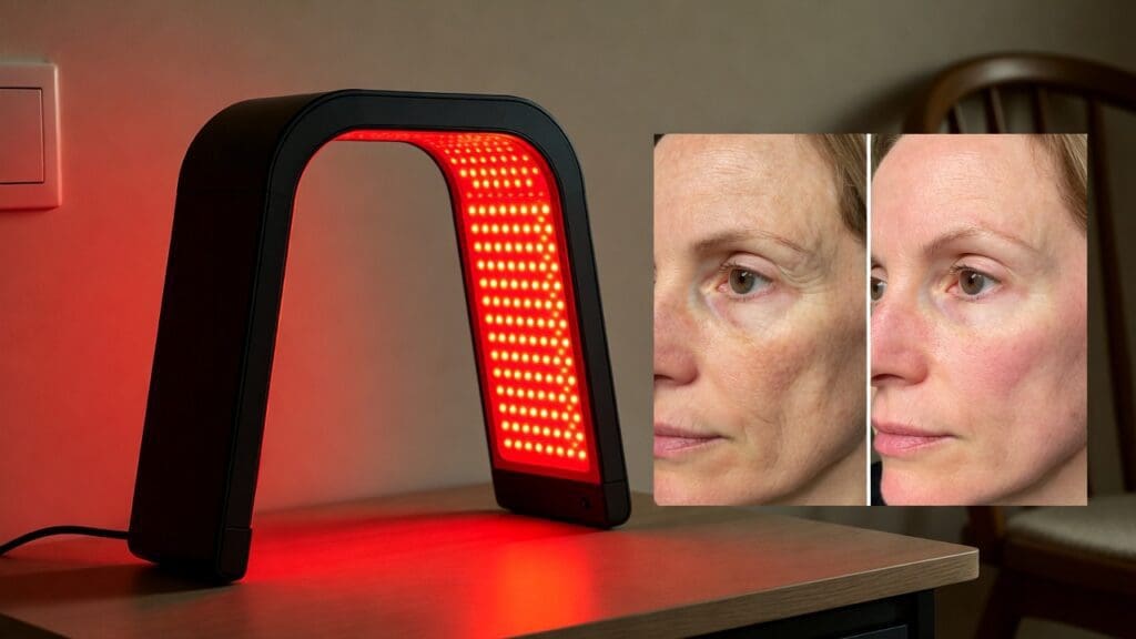 Red light therapy device used at home with realistic before and after skincare expectations Red light therapy device used at home with realistic before and after skincare expectations