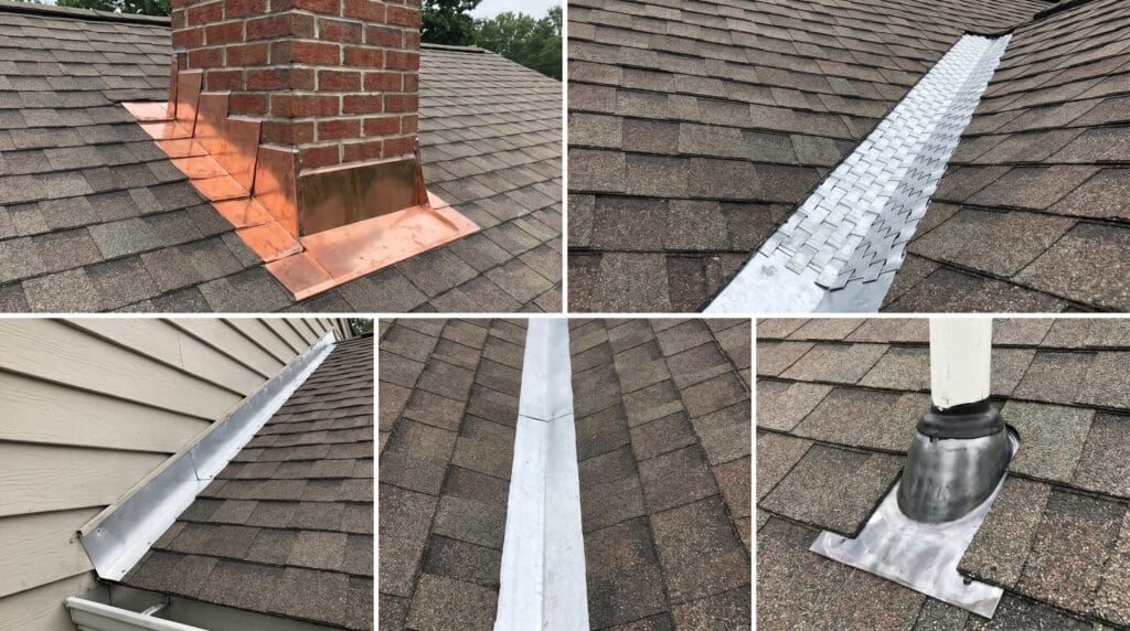 Metal roof flashing installed on a residential asphalt shingle roof around chimneys, valleys, walls, and roof penetrations to direct water away from vulnerable areas. Metal roof flashing installed around a chimney and roof valley on an asphalt shingle roof