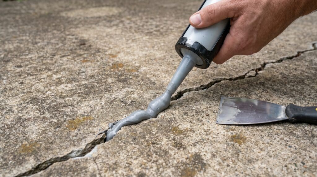A close-up of concrete crack repair on a driveway, showing flexible concrete crack sealer being applied with a caulking gun before smoothing the surface. A homeowner applying concrete crack sealer into a driveway crack with a caulking gun