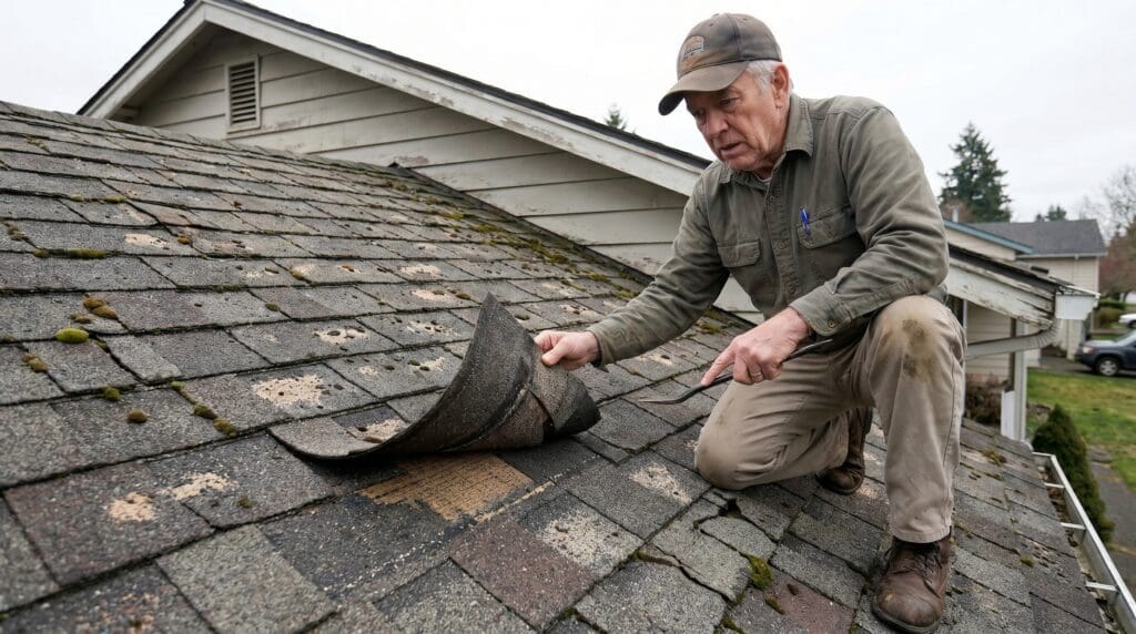A homeowner inspecting an aging asphalt shingle roof with visible wear, curling shingles, and granule loss as possible signs a roof replacement may be needed. A homeowner looking at curling and worn roof shingles as signs they may need a new roof