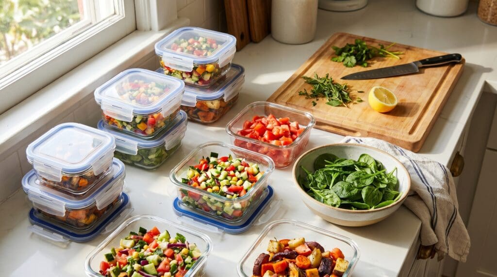 Glass and plastic Snapware containers used during weekly meal prep with vegetables and locking lids
