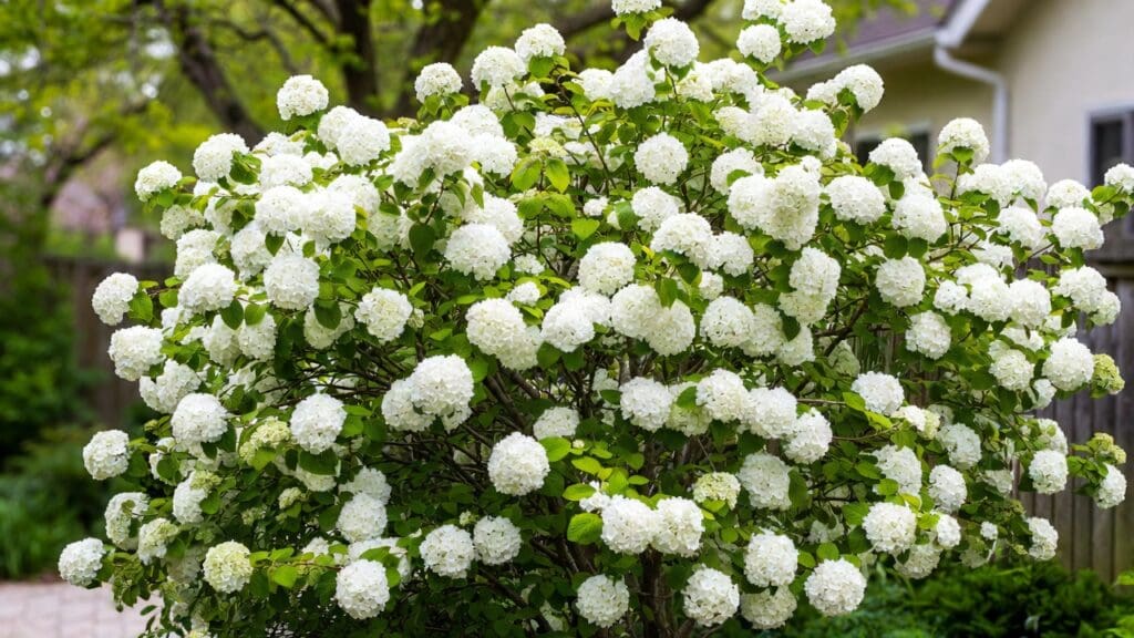 Snowball viburnum shrub covered in large white flower clusters