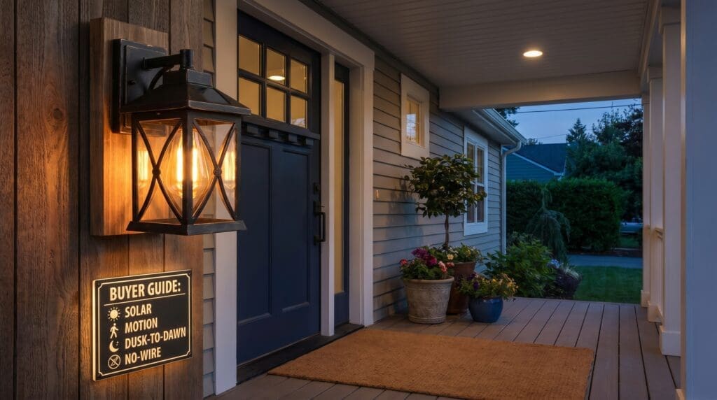 Black solar outdoor wall lantern mounted beside a front porch door at dusk