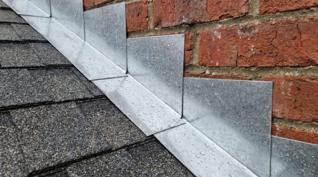 Close-up of step flashing installed between asphalt shingles and a vertical wall to direct water away from roof-to-wall intersections. Step flashing installed where asphalt shingles meet a vertical sidewall on a roof
