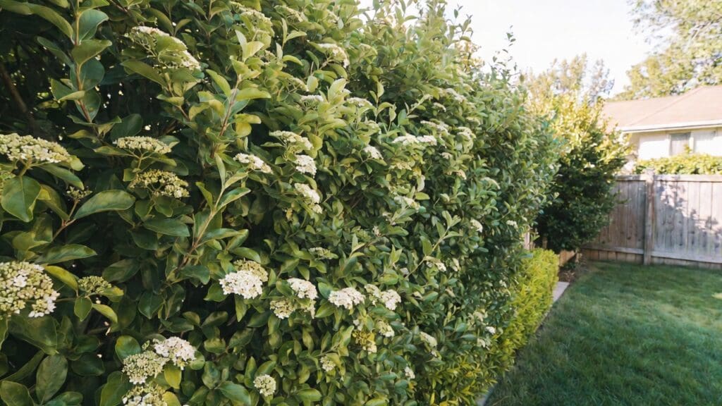 Sweet viburnum hedge growing as a dense green privacy screen Sweet viburnum hedge growing as a dense green privacy screen