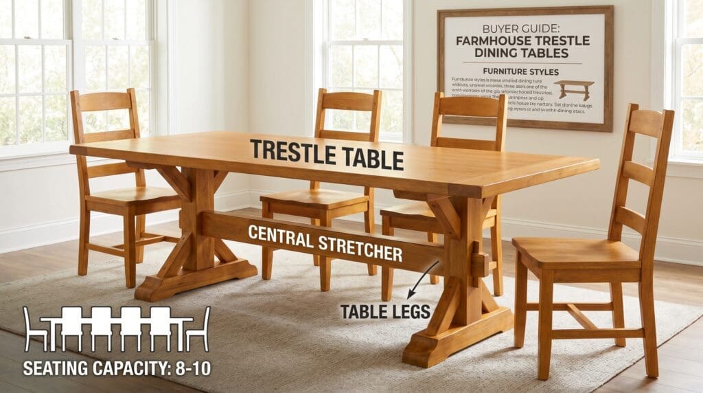 Solid wood farmhouse trestle dining table with matching chairs in a bright dining room Solid wood farmhouse trestle dining table with matching chairs in a bright dining room