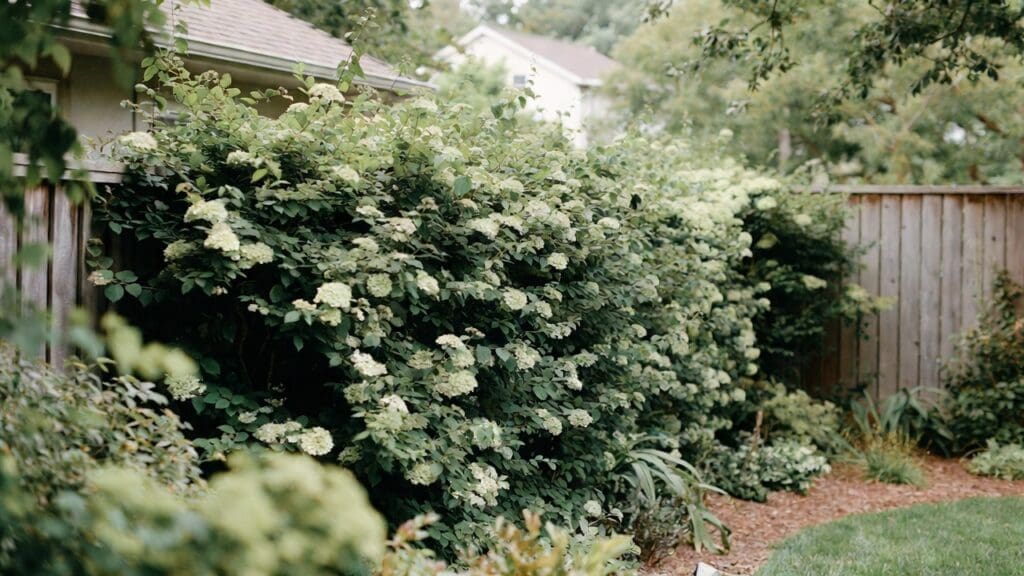 Viburnum hedge growing as a dense privacy screen along a backyard fence Viburnum hedge growing as a dense privacy screen along a backyard fence