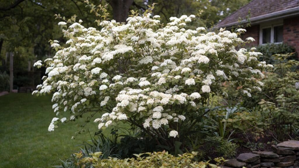 Viburnum shrub with white spring flowers in a landscaped garden border Viburnum shrub with white spring flowers in a landscaped garden border