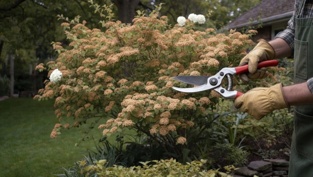 Gardener pruning viburnum shrub after spring flowering Gardener pruning viburnum shrub after spring flowering